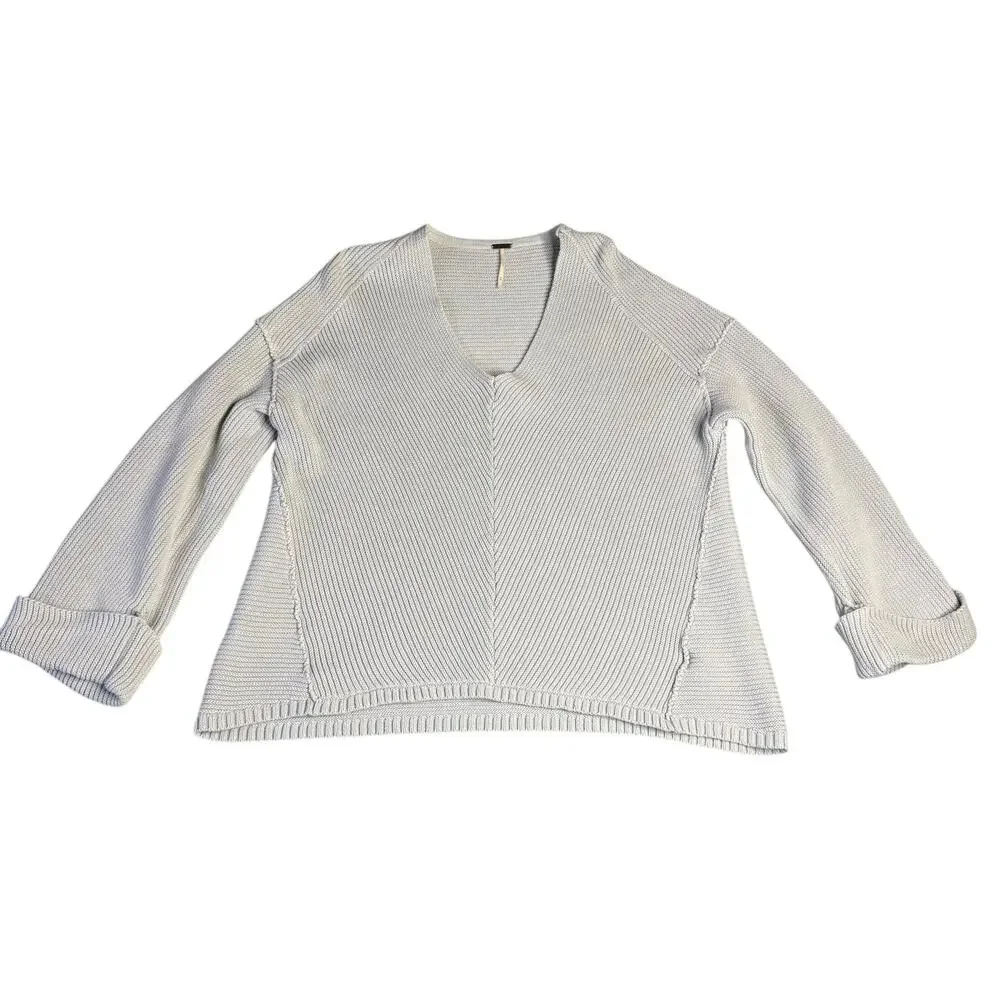 Free People Women's La Brea Chunky Knit V-Neck Ribbed Gray Sweater - Size Medium